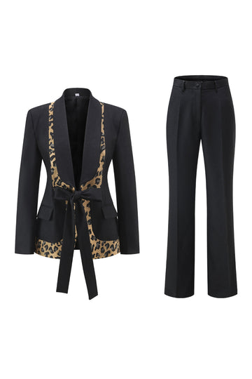 Czarne 2-częściowe garnitury damskie w panterkę Slim Fit